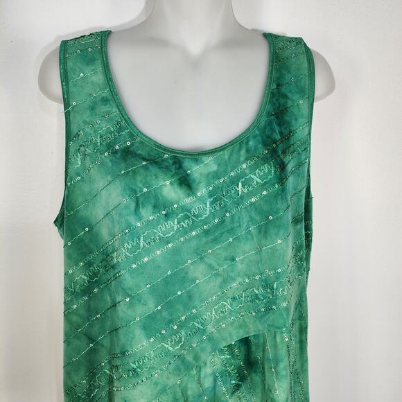 Dressbarn Top Women's Green 1X Sleeveless Embroidered Sequins Asymmetrical Boho - Picture 3 of 11